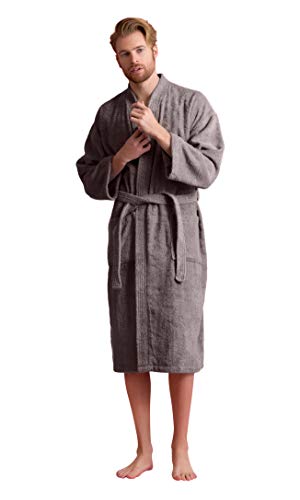 Soft Touch Linen Herren-Bademantel, türkischer Frottee, 100 % Baumwolle, Kimono, Spa-Bademantel, Grau, Medium von Soft Touch Linen