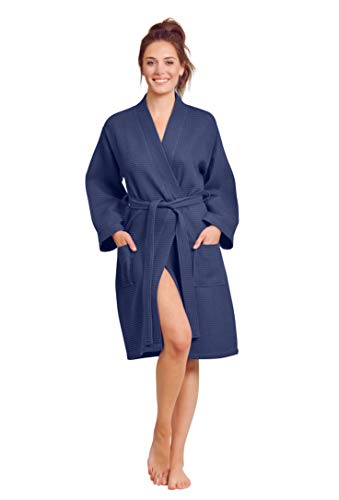 Soft Touch Linen Kimono Waffel Robe - Damen Bademantel Spa Bademantel - Leichte Baumwolle & Polyester Mischung, navy, Medium von Soft Touch Linen