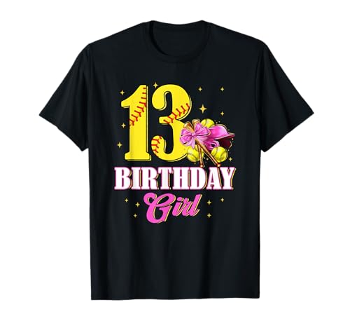 13. Geburtstag Mädchen Kokette Softball Bogen 10 Jahre alt Bday T-Shirt von Softball Coquette Bow 13 Year Old Girl Birthday