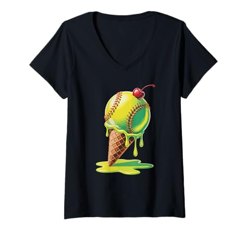 Damen Eistüte Softball Softballer T-Shirt mit V-Ausschnitt von Softball Gift For A Softballer