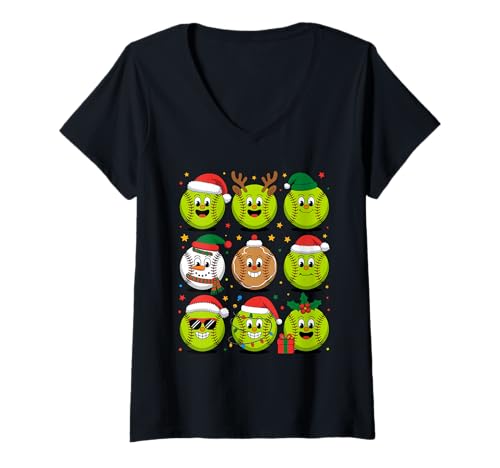 Damen Weihnachten Softball Weihnachtsmannmütze Softballer T-Shirt mit V-Ausschnitt Damen Weihnachten Softball Weihnachtsmannmütze Softballer T-Shirt mit V-Ausschnitt von Softball Gift For A Softballer