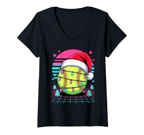Damen Weihnachten Synthwave Softball Softballspieler T-Shirt mit V-Ausschnitt Damen Weihnachten Synthwave Softball Softballspieler T-Shirt mit V-Ausschnitt von Softball Gift For A Softballer