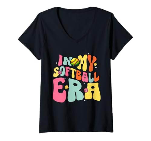 Damen In My Softball Era Softballspieler Groovy Frauen Mädchen Teenager T-Shirt mit V-Ausschnitt Damen In My Softball Era Softballspieler Groovy Frauen Mädchen Teenager T-Shirt mit V-Ausschnitt von Softball Girl Player Lover Softball Stuff Girls
