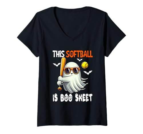 Damen Softball Is Boo Sheet Halloween Costume Player Team Fan T-Shirt mit V-Ausschnitt von Softball Halloween Costume