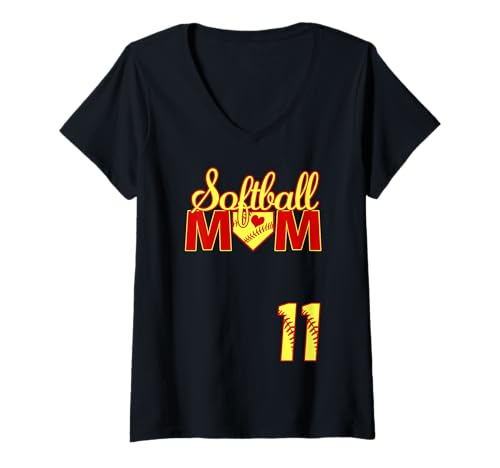 Damen Softball Mutter Muttertag #11 Fastpitch Trikot Nummer 11 T-Shirt mit V-Ausschnitt von Softball Mom Mother's Day Fastpitch Jersey Gifts