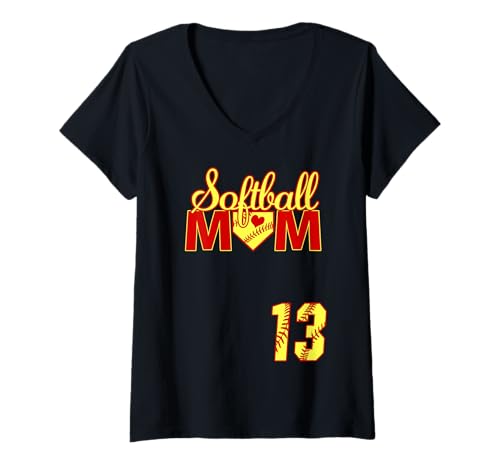 Damen Softball Mutter Muttertag #13 Fastpitch Trikot Nummer 13 T-Shirt mit V-Ausschnitt von Softball Mom Mother's Day Fastpitch Jersey Gifts