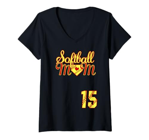 Damen Softball Mutter Muttertag #15 Fastpitch Player Trikot T-Shirt mit V-Ausschnitt von Softball Mom Mother's Day Fastpitch Jersey Gifts