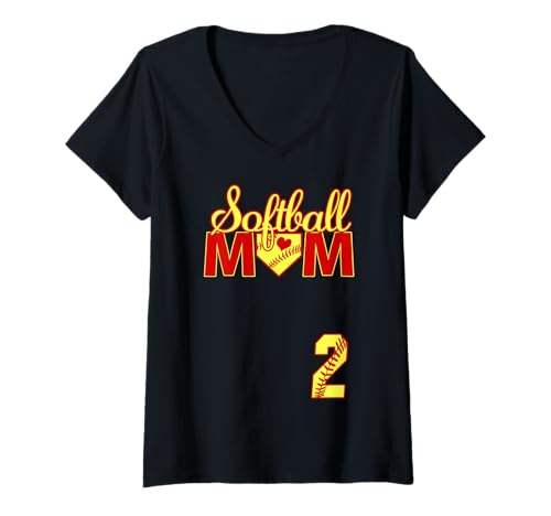 Damen Softball Mutter Muttertag #2 Fastpitch Trikot Nummer 2 T-Shirt mit V-Ausschnitt von Softball Mom Mother's Day Fastpitch Jersey Gifts