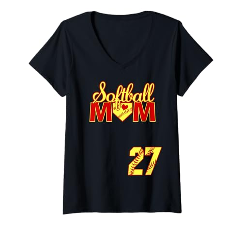 Damen Softball Mutter Muttertag #27 Fastpitch Trikot Nummer 27 T-Shirt mit V-Ausschnitt von Softball Mom Mother's Day Fastpitch Jersey Gifts