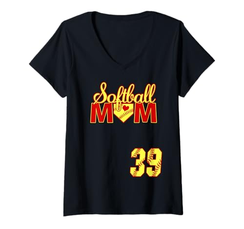 Damen Softball Mutter Muttertag #39 Fastpitch Trikot Nummer 39 T-Shirt mit V-Ausschnitt von Softball Mom Mother's Day Fastpitch Jersey Gifts