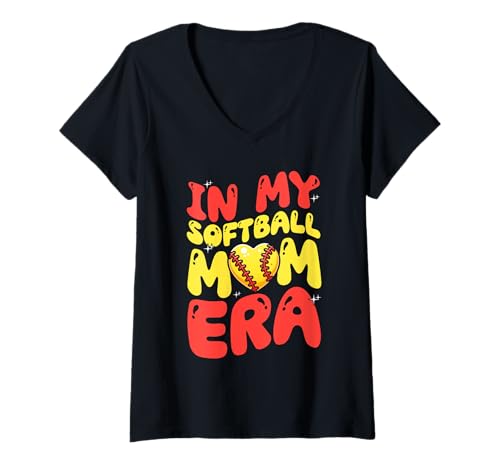 Damen In My Softball Mom Era Groovy Softball Catcher Muttertag T-Shirt mit V-Ausschnitt von Softball Mom Mother's Day Game Day Mommy Gifts