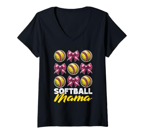 Damen Softball Mama Coquette Schleife Muttertag Softball Damen T-Shirt mit V-Ausschnitt Damen Softball Mama Coquette Schleife Muttertag Softball Damen T-Shirt mit V-Ausschnitt von Softball Mom Mother's Day Game Day Mommy Gifts