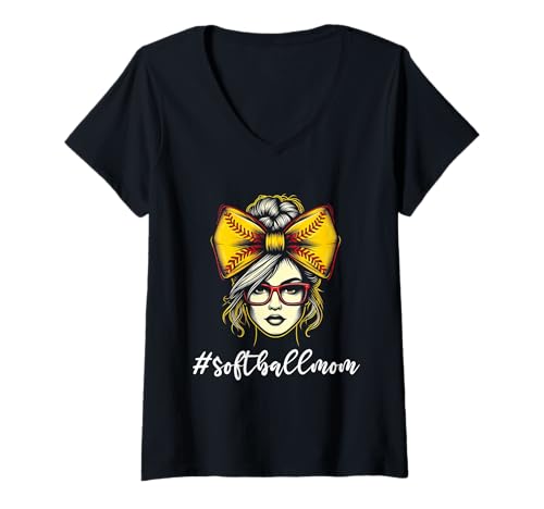 Damen Softball Mama Messy Bun Softball Catcher Pitcher Muttertag T-Shirt mit V-Ausschnitt Damen Softball Mama Messy Bun Softball Catcher Pitcher Muttertag T-Shirt mit V-Ausschnitt von Softball Mom Mother's Day Game Day Mommy Gifts