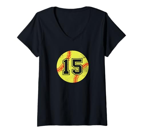 Damen Softball Player #15 Softball Mom Dad Jersey Nummer 15 T-Shirt mit V-Ausschnitt Damen Softball Player #15 Softball Mom Dad Jersey Nummer 15 T-Shirt mit V-Ausschnitt von Softball Player #15 Softball Parent Jersey 15