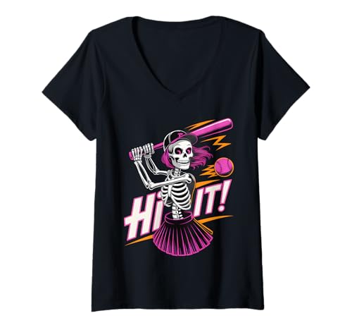 Damen Skelett Mädchen Hit It Softball Halloween Kostüm T-Shirt mit V-Ausschnitt Damen Skelett Mädchen Hit It Softball Halloween Kostüm T-Shirt mit V-Ausschnitt von Softball Skeleton Halloween Apparel