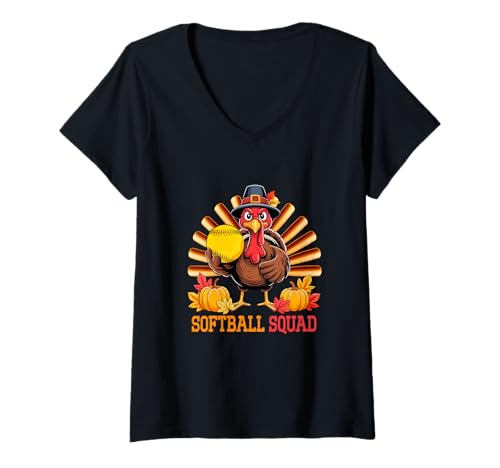 Damen Softball Squad Thanksgiving Turkey Matching Player Team T-Shirt mit V-Ausschnitt Damen Softball Squad Thanksgiving Turkey Matching Player Team T-Shirt mit V-Ausschnitt von Softball Thanksgiving Costume