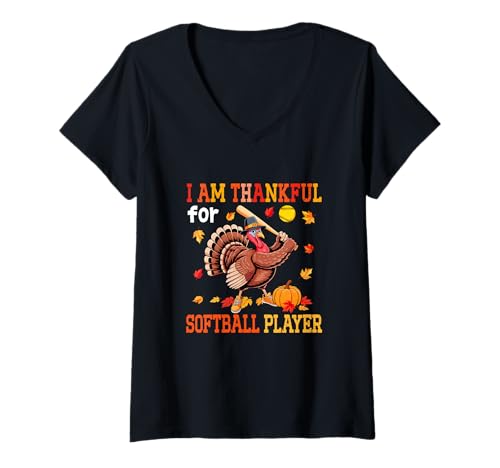 Damen Thankful for Softball Player Thanksgiving Turkey Autumn T-Shirt mit V-Ausschnitt von Softball Thanksgiving Costume