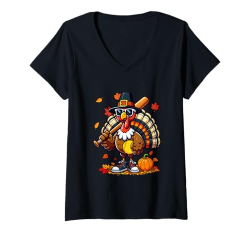 Damen Turkey Sunglasses Costume Thanksgiving Playing Softball T-Shirt mit V-Ausschnitt Damen Turkey Sunglasses Costume Thanksgiving Playing Softball T-Shirt mit V-Ausschnitt von Softball Thanksgiving Costume