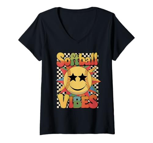 Damen Softball Vibes Retro Groovy Star Eyes Sommer Softball T-Shirt mit V-Ausschnitt Damen Softball Vibes Retro Groovy Star Eyes Sommer Softball T-Shirt mit V-Ausschnitt von Softball Vibes Bunt Retro Sommer Sport Spaß