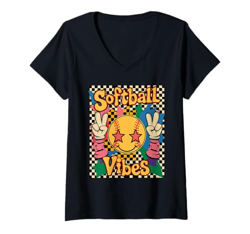 Damen Softball Vibes Retro Peace Checkerboard Jugend Softball T-Shirt mit V-Ausschnitt Damen Softball Vibes Retro Peace Checkerboard Jugend Softball T-Shirt mit V-Ausschnitt von Softball Vibes Lächelnder Ball Peace Zeichen Kunst
