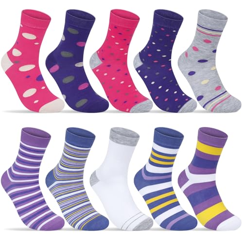 10 Paar Damen Crew Socken mit Mehrfarbigem Streifen, Punkt und Herzmuster, Weiche und Atmungsaktive Damensocken, Perfekte Geschenke für Frauen. Einheitsgröße von Softcozy