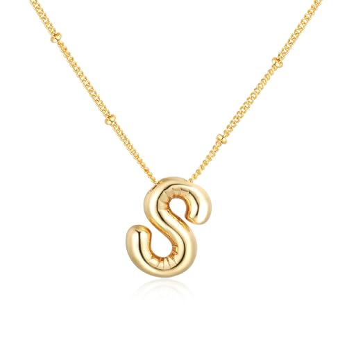 Softfree Gold Silber Kette mit Buchstaben Anhänger Damen Balloon Initialen Halskette 14 Karat Vergoldet Namenskette Personalisiert Dick Buchstabenkette Schmuck Geschenke für Frauen Mädchen (Gold S) von Softfree