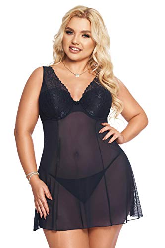 Blaues XXL Dessous Chemise Plus Size Nachtkleid mit Polster Cups transparent aus Tüll und Spitze mit T-String 2XL von Softline.