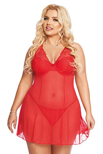 Rotes XXL Dessous Chemise Plus Size Nachtkleid mit Bügel-Cups transparent aus Tüll und Spitze mit T-String 2XL von Softline.