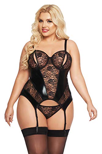 Schwarzes XXL Dessous Strapshemd Plus Size Corsage mit Bügel-Cups transparent aus Wetlook und Spitze mit T-String 2XL von Softline.