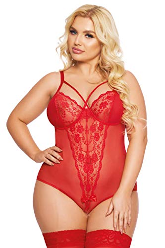 Softline. Roter XXL Dessous ouvert Body mit Bügel Plus Size transparent aus Tüll und Spitze im Schritt offen 3XL von Softline.