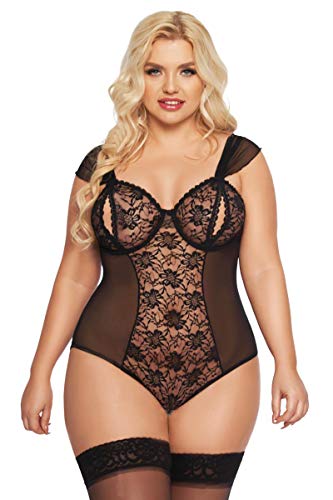 Softline. Schwarzer XXL Dessous ouvert Body Plus Size transparent aus Tüll und Spitze im Schritt offen mit Bügel BH 2XL von Softline.