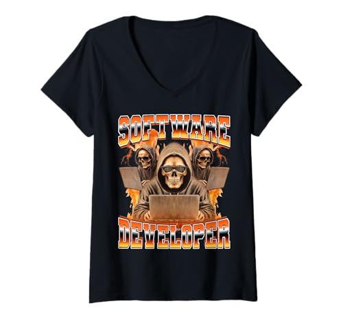 Damen Softwareentwickler Computeringenieur Skelett 90er Bootleg T-Shirt mit V-Ausschnitt Damen Softwareentwickler Computeringenieur Skelett 90er Bootleg T-Shirt mit V-Ausschnitt von Software Developer 90s Retro Bootleg Gifts