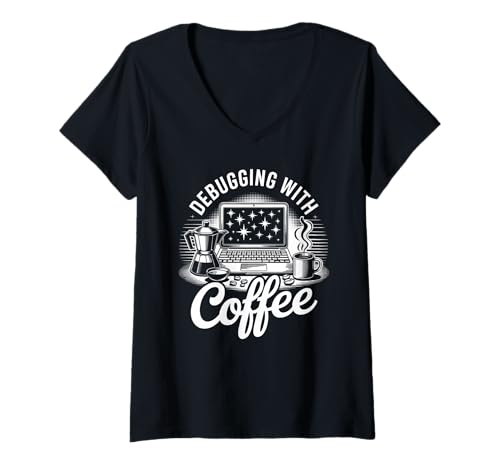 Damen Debugging mit Coffee Computer Entwickler Entwickler T-Shirt mit V-Ausschnitt Damen Debugging mit Coffee Computer Entwickler Entwickler T-Shirt mit V-Ausschnitt von Software Developer Coffee Lovers