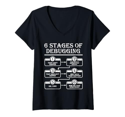 Damen 6 Stufen des Debugging Design Programmierung Informatik T-Shirt mit V-Ausschnitt von Software Engineer Debugging Stages Humor