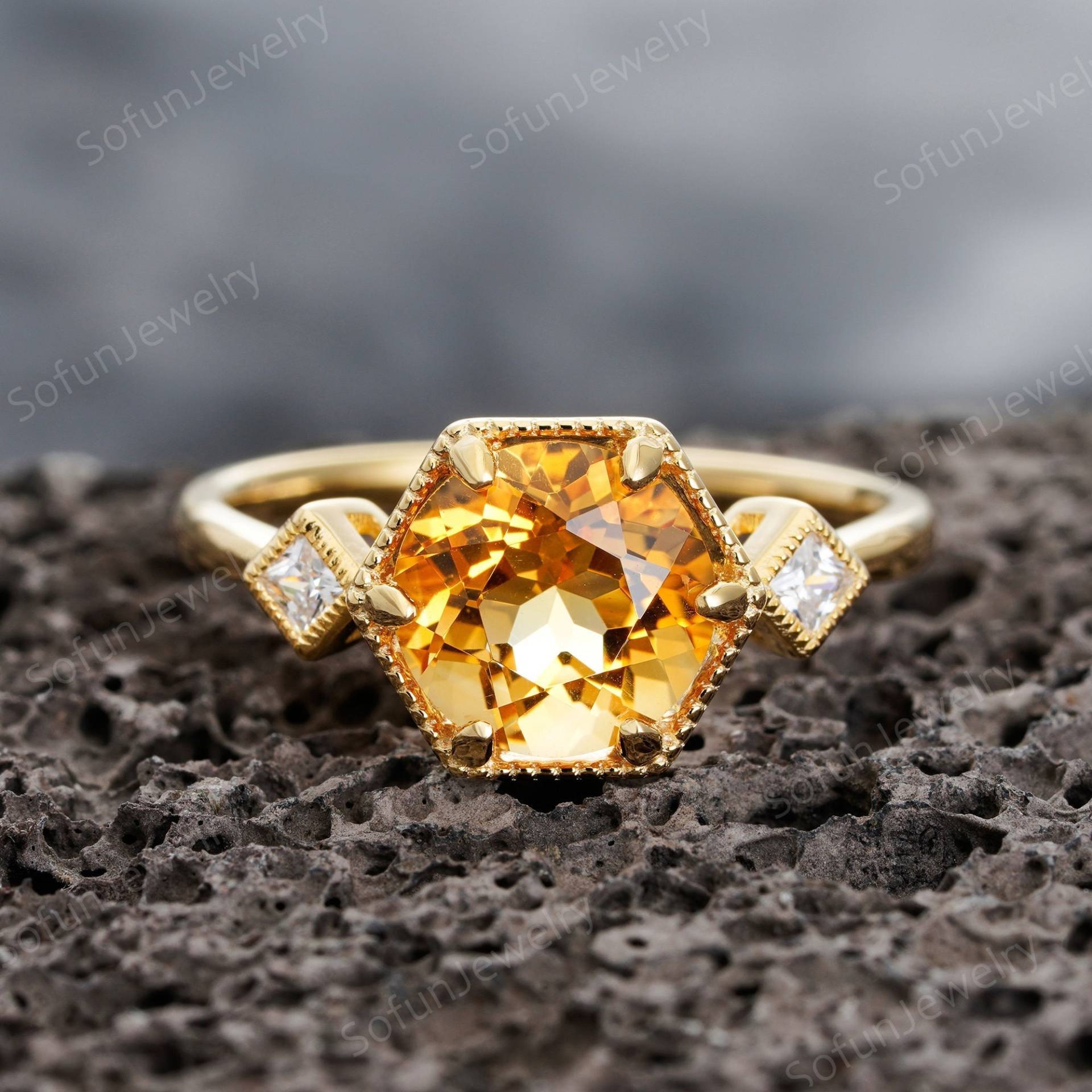 Vintage Natürliche Citrin Verlobungsring Einzigartige 14K Gelb Rose Gold Rundschnitt Jahrestag Ehering Silber Versprechen Ring Geschenk Für Frauen von SofunJewelry