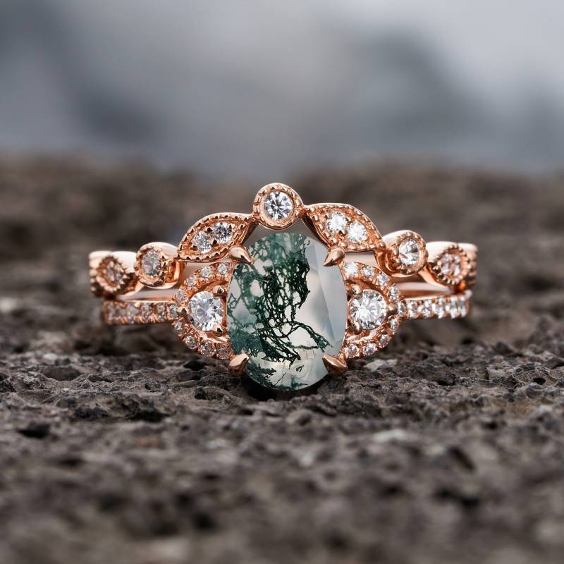 Vintage Natürliche Moos Achat Ring Set, Einzigartiger Oval Cut 14K Rose Gold Grüner Braut Verlobungs Versprechen Ehering von SofunJewelry