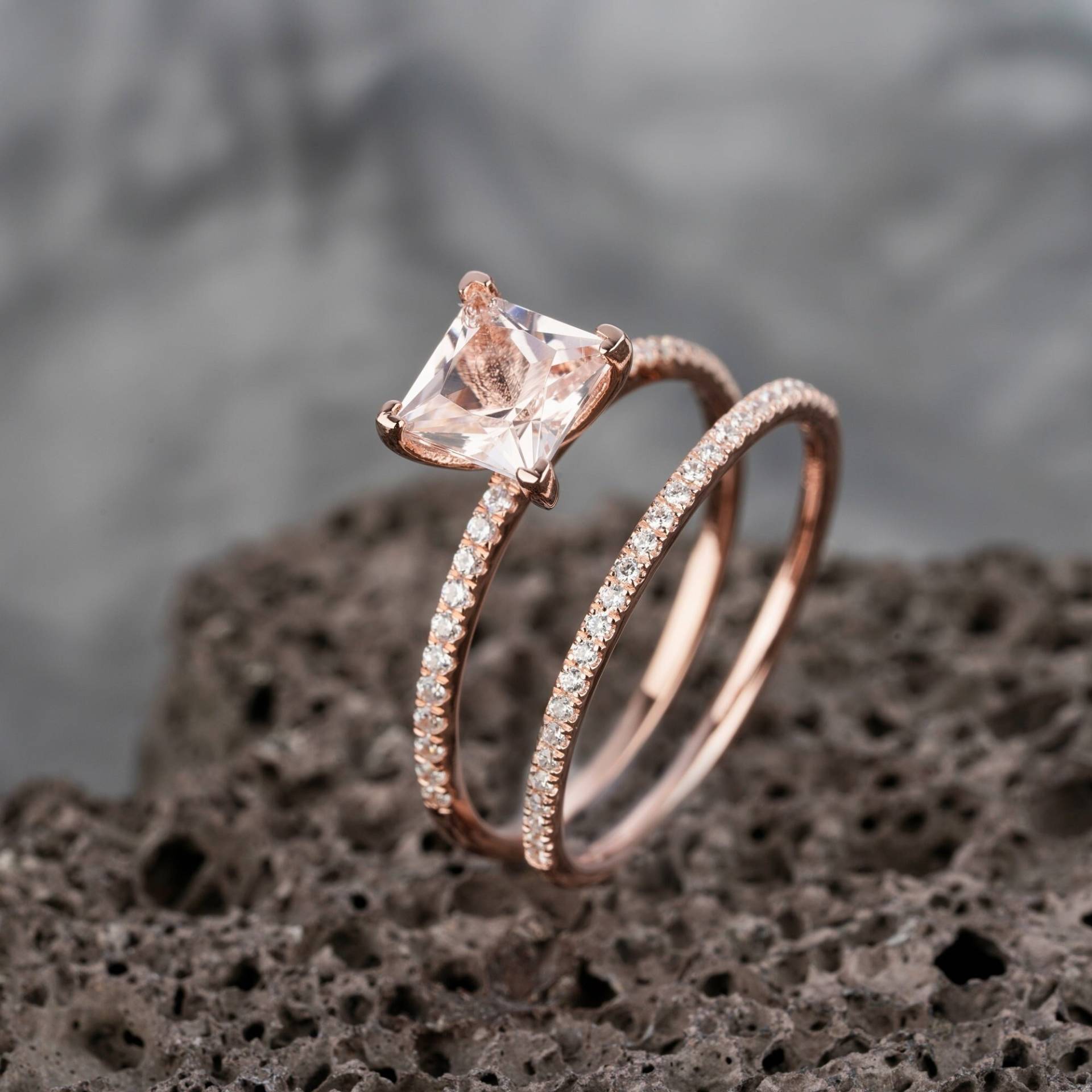 Vintage Natürliche Rosa Morganit Diamant Braut Set Princess Cut Verlobungs Ehering Rose Gold Jahrestag Versprechen Ringe von SofunJewelry