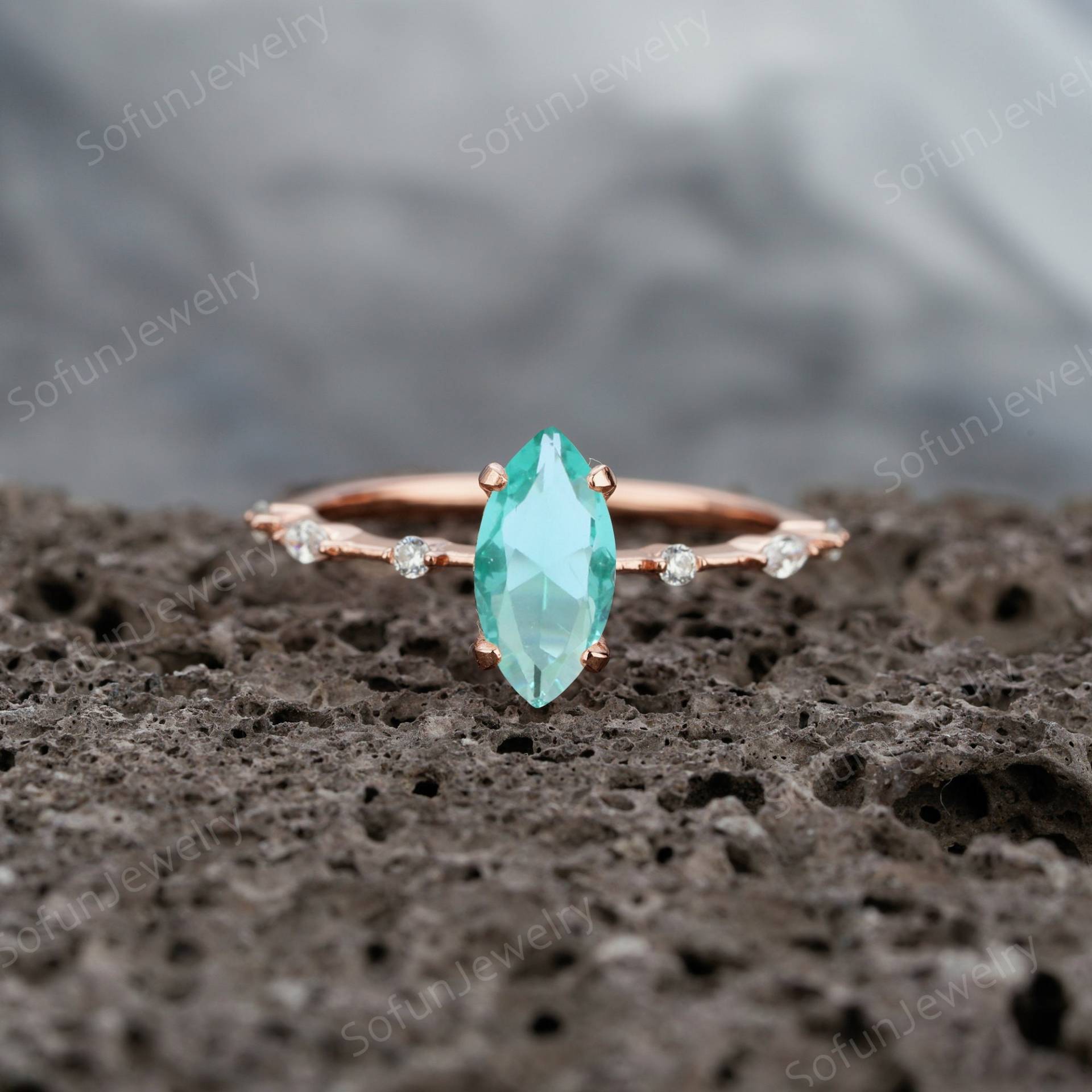 Vintage Neon Blau Paraiba Turmalin Verlobungsring Gold, Uniuqe Marquise Schliff Silber 925/Rose Gold Schmuck Hochzeit Versprechen Ring Für Frauen von SofunJewelry