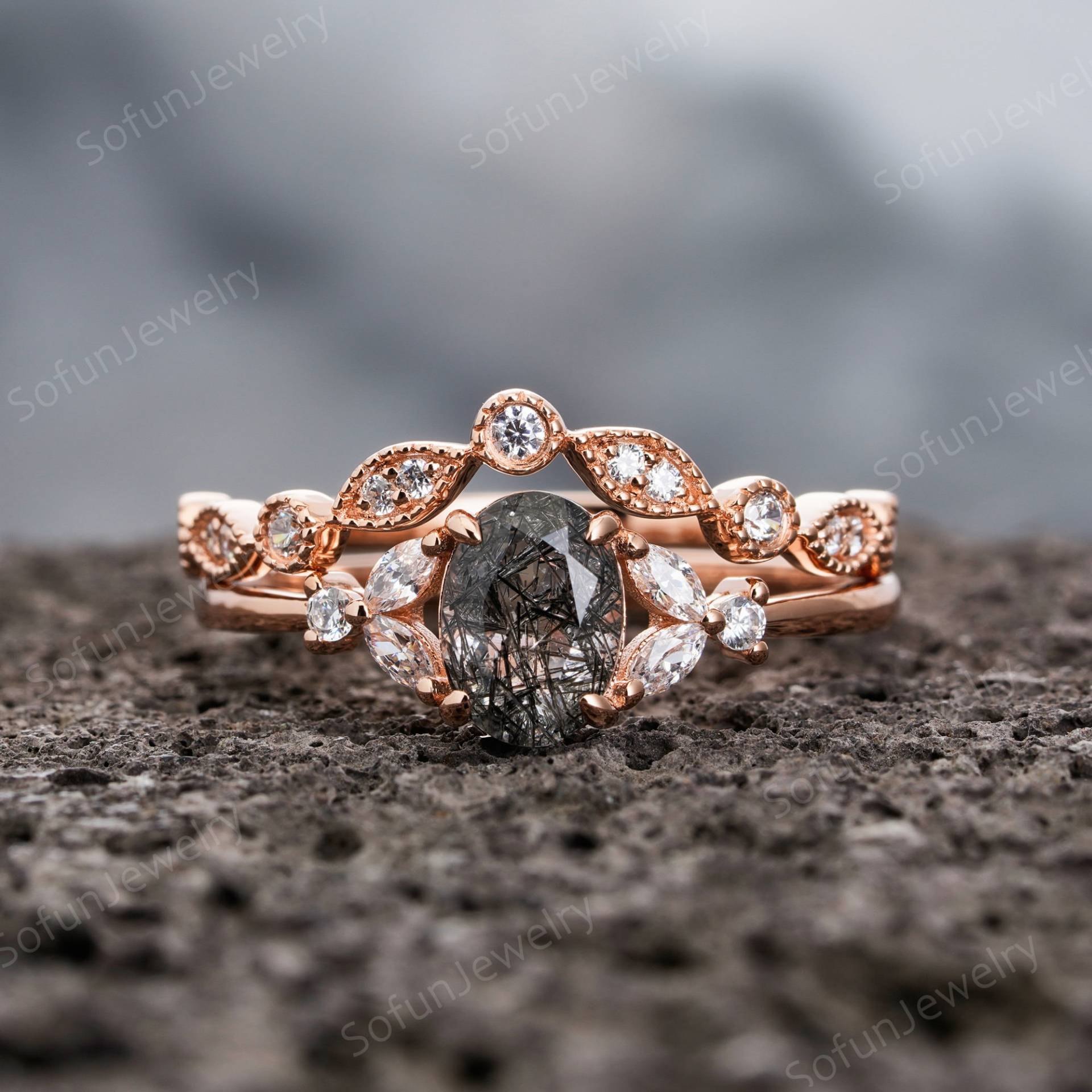 Vintage Oval Cut Schwarz Rutil Quarz Verlobungsring Set, Silber 925 Oder 14K Rose Gold Ehering Set Frauen Geschenk von SofunJewelry