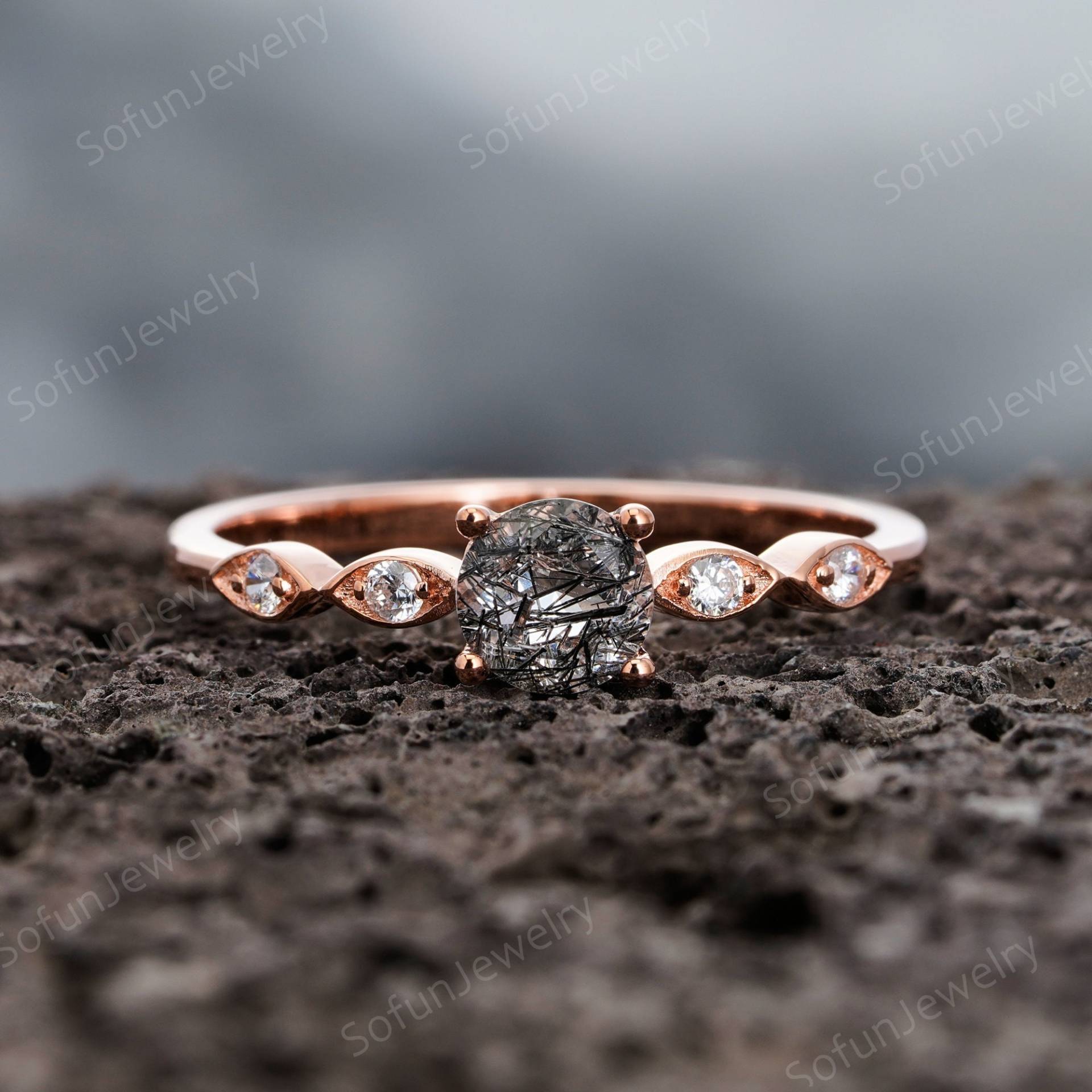 Vintage Rundschliff Schwarzer Rutilquarz Verlobungsring Ehering, Kubikzirkon Sterlingsilber 925/14K Roségold Versprechensring Für Frauen von SofunJewelry