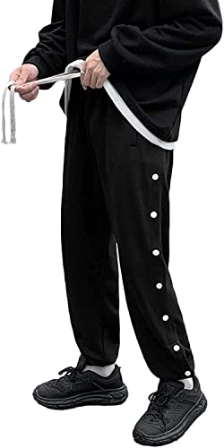 Mit Taschen Basketballhose Elastische Cinch Side Snap Button Track Pants Herren Hose mit Seitenknopfleiste Lose Jogger Sweatpants, Schwarz , L von Sohodoo