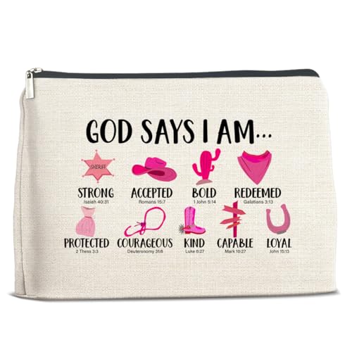 Christliche Geschenke für Frauen Mädchen Sie Cowgirl, inspirierende, religiöse Geschenke, Cowgirl-Make-up-Tasche für Tochter, Schwester, Bestie, Enkelin, God Says I Am Cowgirl, Kosmetiktasche, von Soiceu