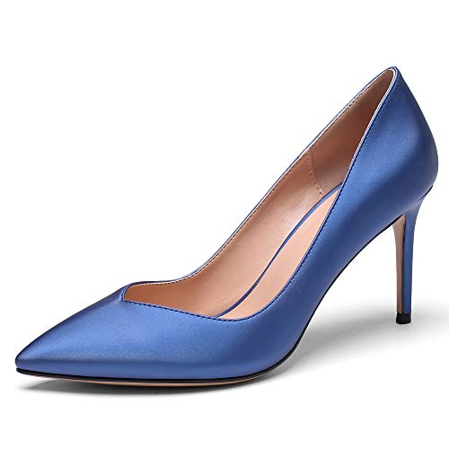 Damen Hochzeit Pumps Schuhe Spitze Zehen Pumps High-Heel Slip On Pumps Satin-Leder Classic Closed Toe Party Dress Shoes Blau EU36 von Soireelady
