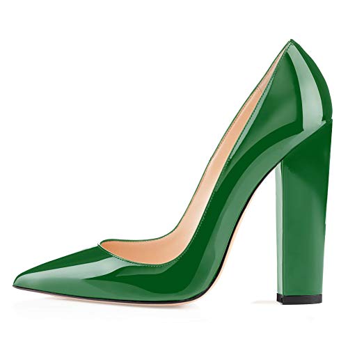 Damen Stöckelschuhe, 12CM Block High Heels, Damen Spitzschuhe, Slip on Pumps Grün EU46 von Soireelady