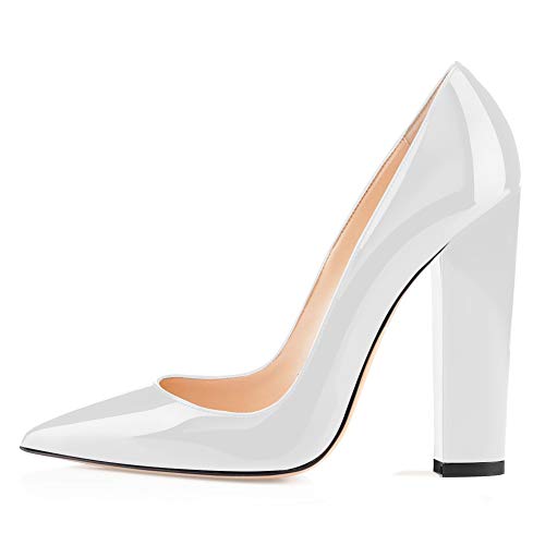 Damen Stöckelschuhe, 12CM Block High Heels, Damen Spitzschuhe, Slip on Pumps Weiß EU45 von Soireelady