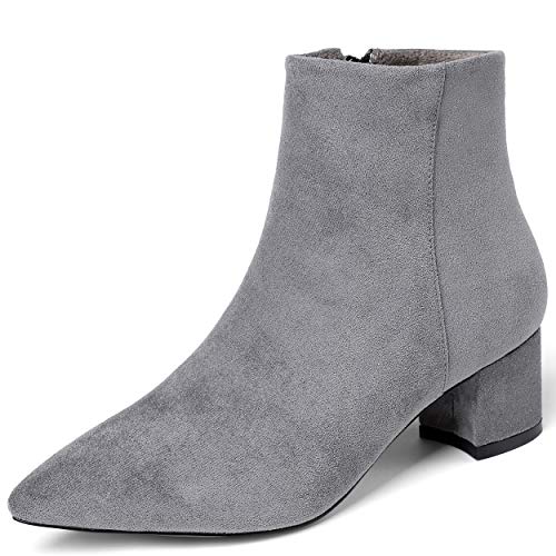 Damen Winter Kurz Stiefeletten Spitze Zehen Reissverschluss High Heels Knöchelstiefel mit Blockabsatz Grau EU40 von Soireelady