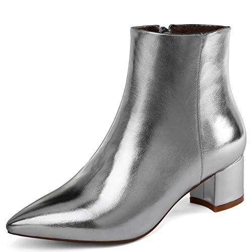 Damen Winter Kurz Stiefeletten Spitze Zehen Reissverschluss High Heels Knöchelstiefel mit Blockabsatz Silber EU40 von Soireelady