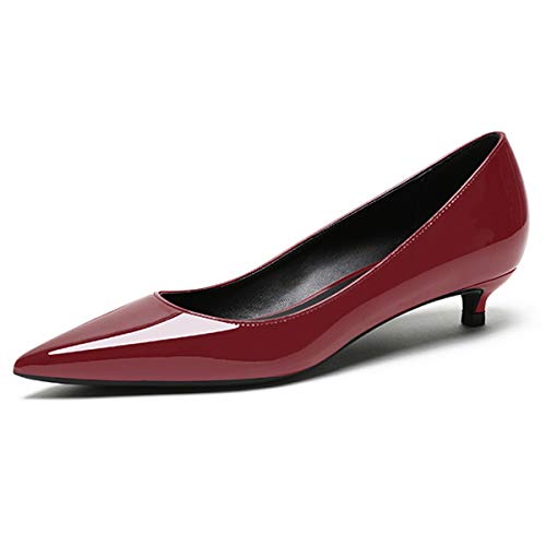 Niedrige Absatzpumps für Frauen, Spitze Kitten-Absatzschuhe, Slip-On-Pumps, Bequeme Business-Anzugsschuhe, Lacklederpumps, 3.5cm Party-Anzugschuhe mit Geschlossenen Zehen Burgundy EU40 von Soireelady