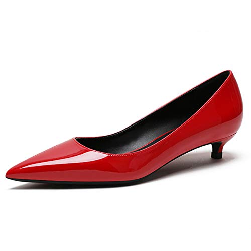 Niedrige Absatzpumps für Frauen, Spitze Kitten-Absatzschuhe, Slip-On-Pumps, Bequeme Business-Anzugsschuhe, Lacklederpumps, 3.5cm Party-Anzugschuhe mit Geschlossenen Zehen Rot EU40 von Soireelady