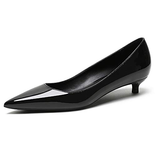 Niedrige Absatzpumps für Frauen, Spitze Kitten-Absatzschuhe, Slip-On-Pumps, Bequeme Business-Anzugsschuhe, Lacklederpumps, 3.5cm Party-Anzugschuhe mit Geschlossenen Zehen Schwarz EU41 von Soireelady